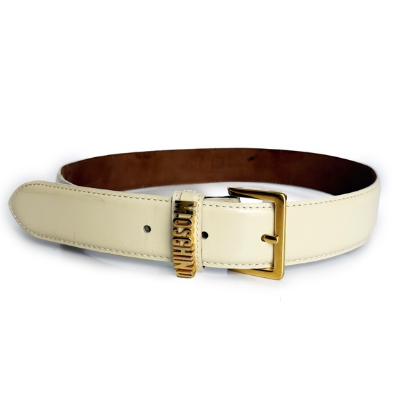Moschino Belt by Redwall Vanilla Leather Gold Metal Logo Lettering Vintage Sz 40 - Picture 1 of 11